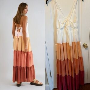 Anthropology Entro Tiered Colorblock Maxi Dress | Cream Peach Rust | Size Small